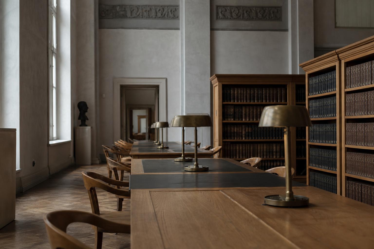 Institutional reading room with long tables and shelves