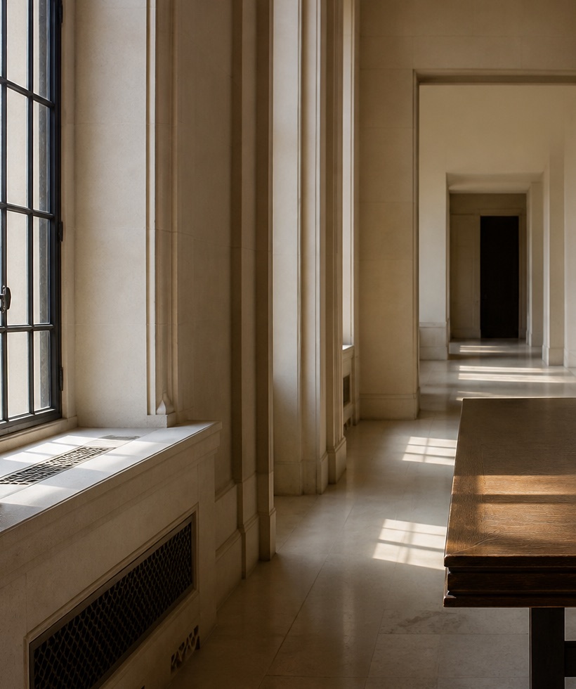 Quiet stone interior with a framed window, layered doorways and a wooden table in soft light