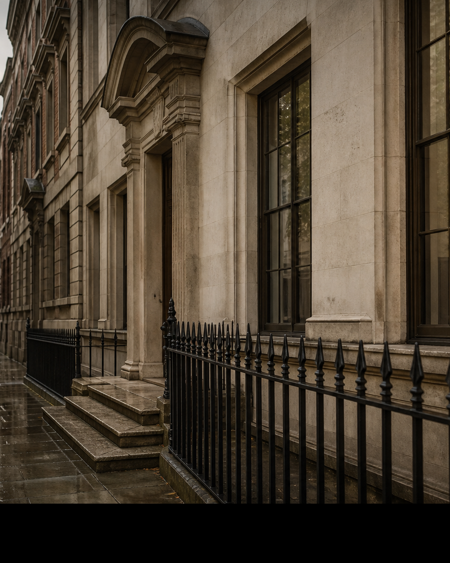 Wet stone pavement and classical façade with wrought-iron rail in ordered perspective