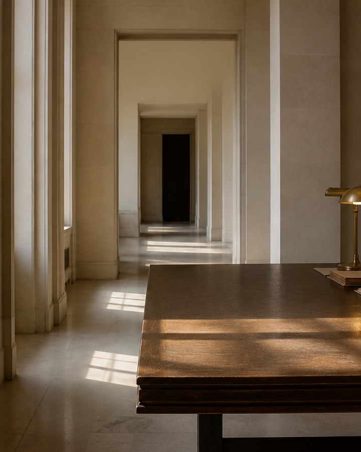 Dark timber table and a sequence of stone doorways in a quiet interior