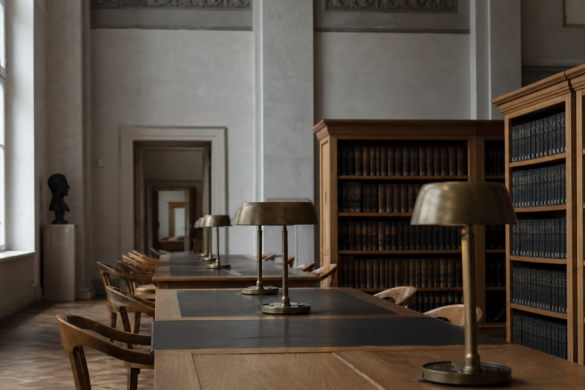 Long reading hall with brass lamps and a sequence of doorways leading into depth