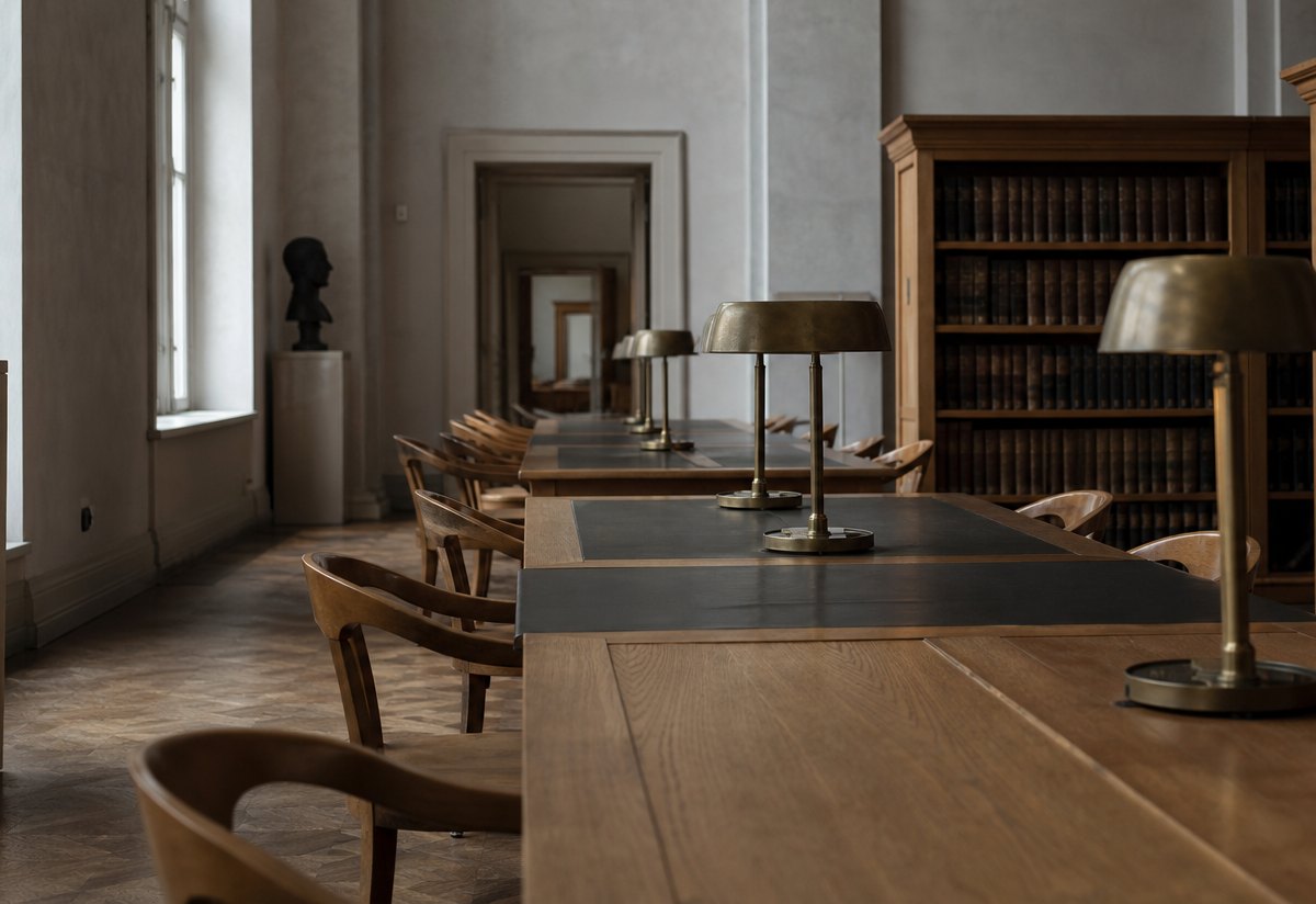Long study tables, lamps and ordered shelves in a quiet institutional interior