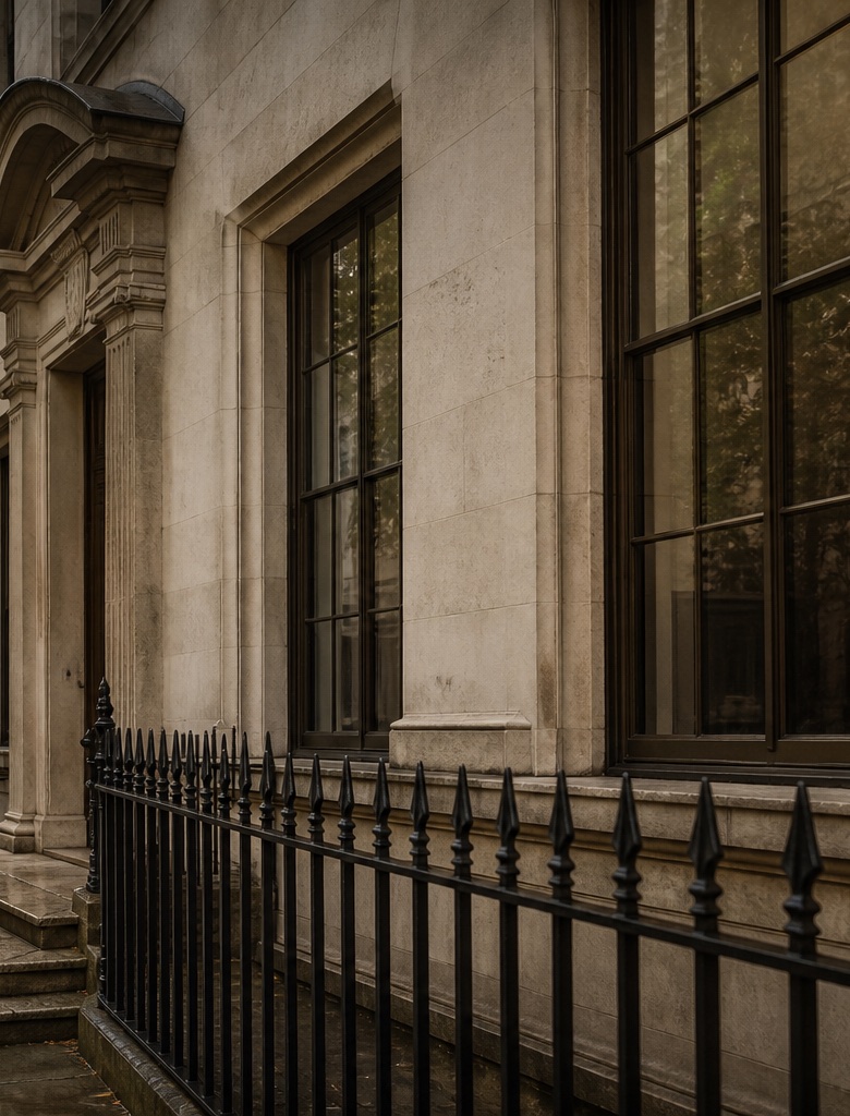 Stone commercial facade and ordered structural planes of a city building