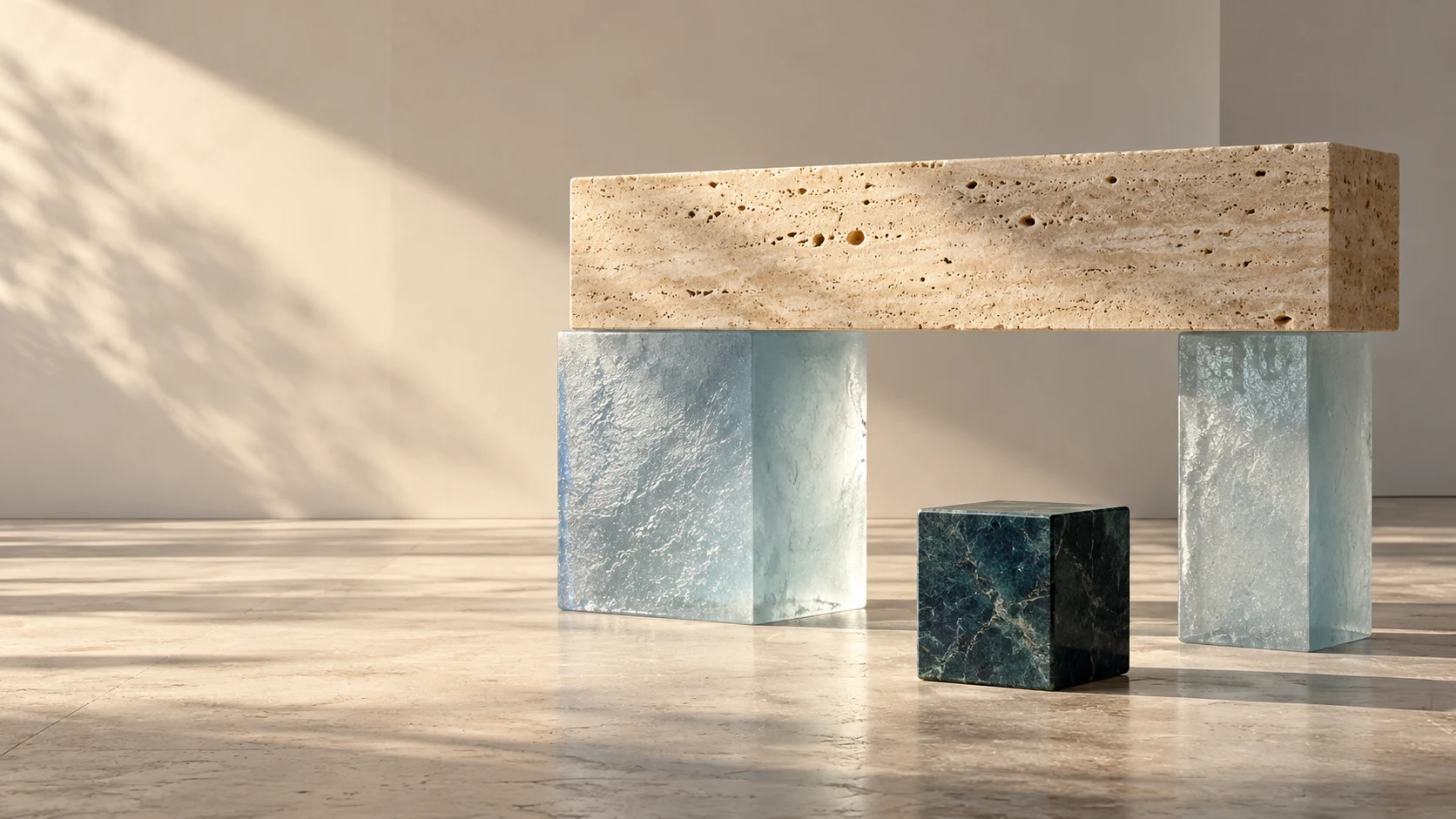 Balanced travertine and glass sculpture